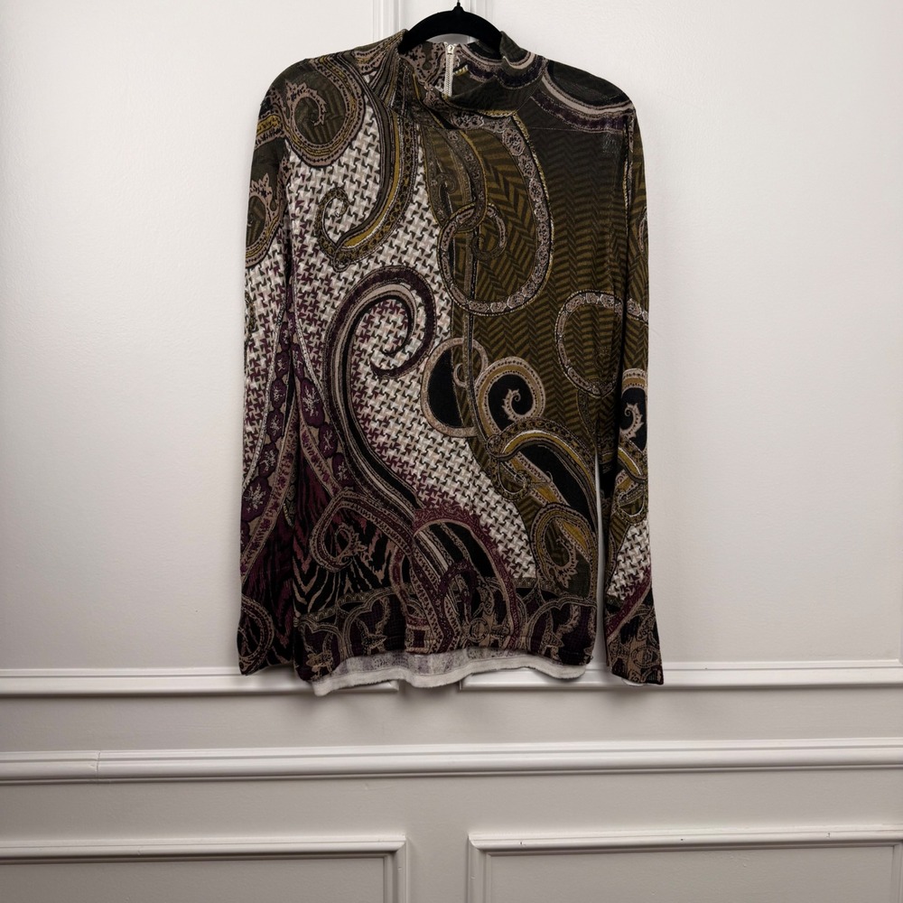 Chicos Mixed Paisley Houndstooth Mock Neck Zip Back Top Green Purple Size 1 M